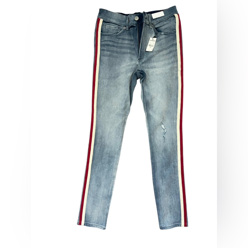 Express Light Blue Jeans with Red and White Stripes